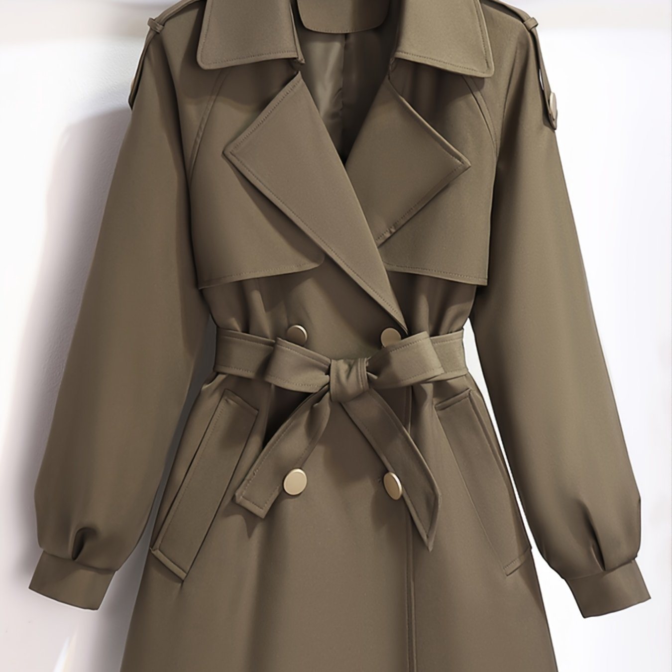 Plus Size Solid Lantern Sleeve Button Up Trench Coat With Belt; Women's Plus Double Breast Casual Trench Coat