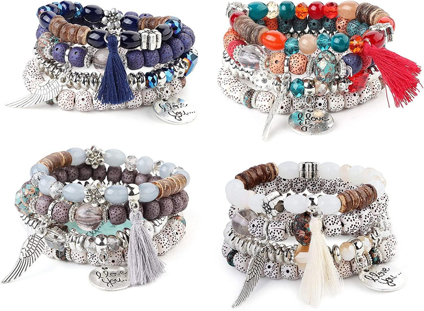 4 Sets Bohemian Beaded Bracelets for Women Girls Multilayer Stretch Stackable Tassel Wing Heart Bracelet Set Multicolor Jewelry