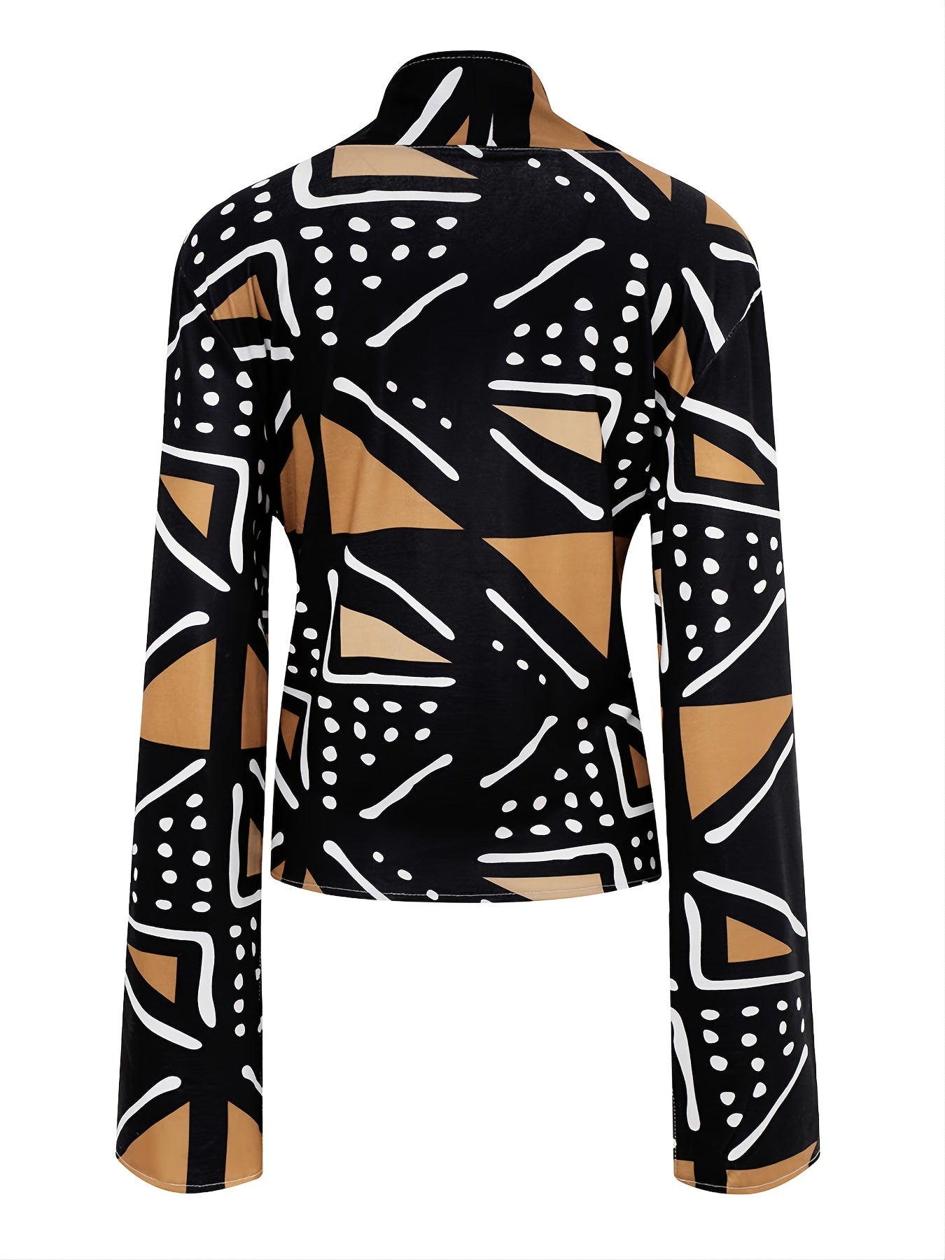 Plus Size Geometric Print Split Bell Sleeve Jacket; Women's Plus Lapel Collar Casual Street Medium Stretch Jacket