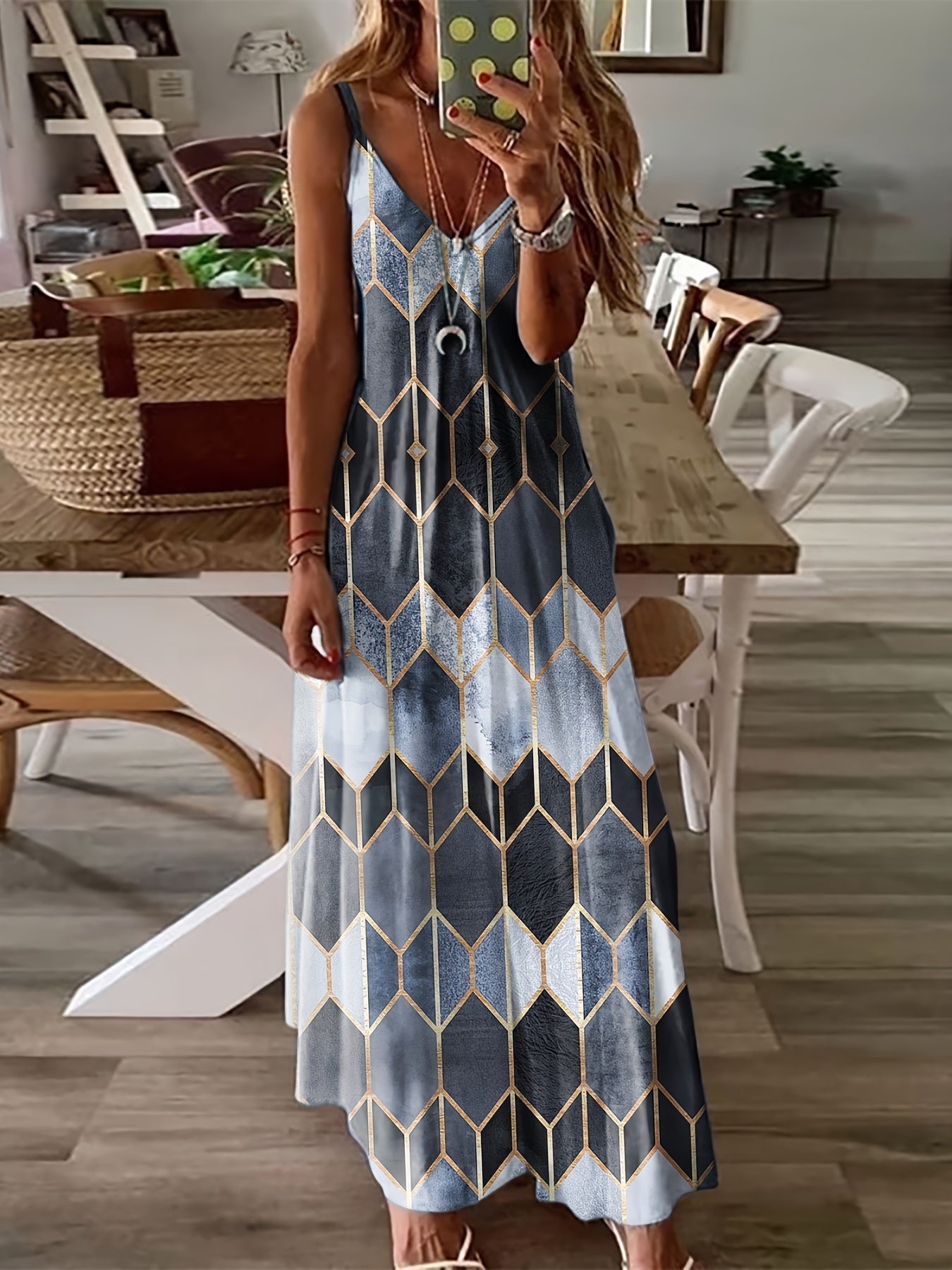 Plus Size Geometric Print Cami Maxi Dress; Women's Plus Spaghetti Strap V Neck Casual Long Dress