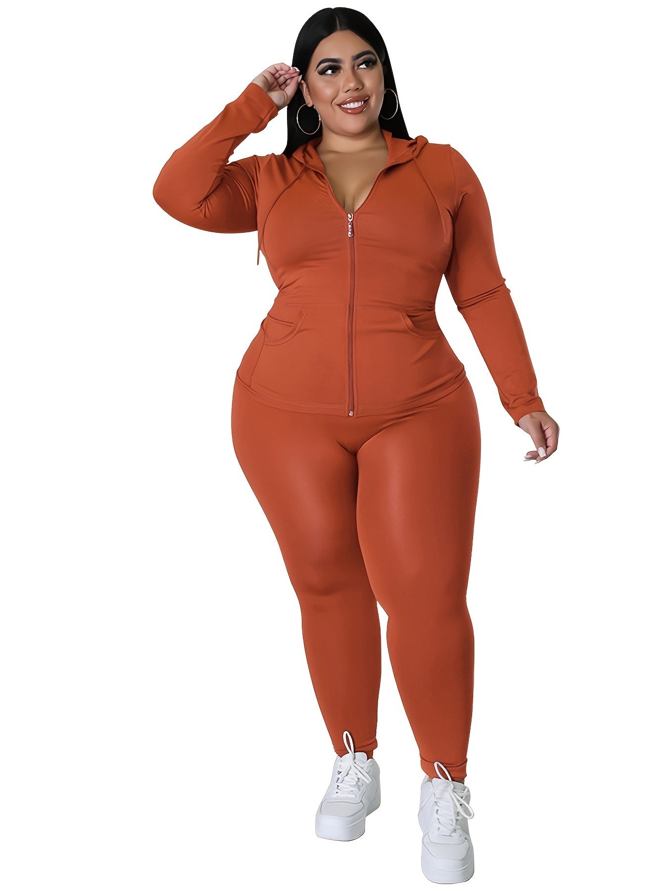 Plus Size Solid Zip Up Hoodie Sweatshirt & Pants Set; Women's Plus High Stretch Workout 2pcs Set