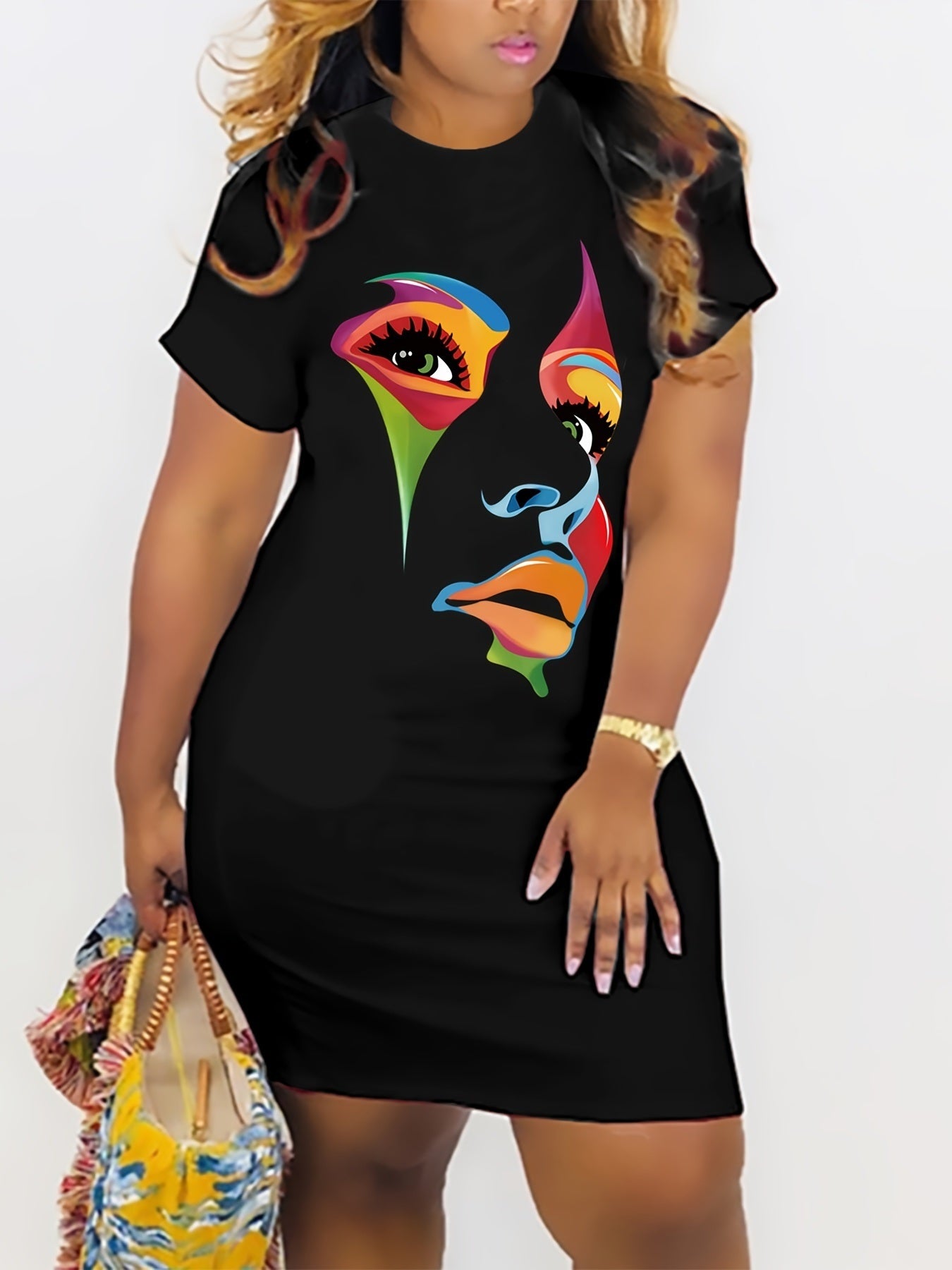 Plus Size Figure Print Short Sleeve Tee Dress; Women's Plus High Stretch Round Neck Casual Dress