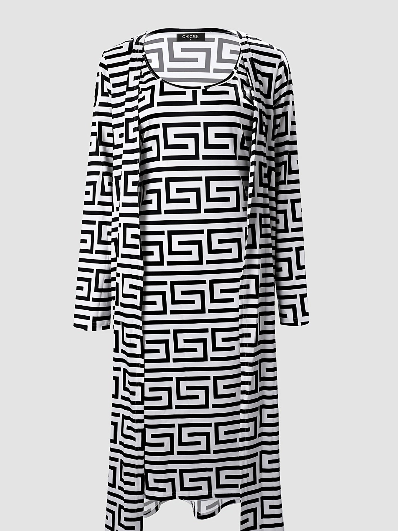 Plus Size Geometric Print Midi Dress With Cardigan Set; Women's Plus Slight Stretch Elegant 2pcs Set Outfits