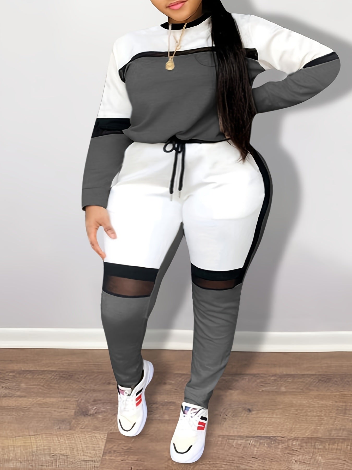 Plus Size Colorblock Contrast Mesh Long Sleeve Sweatshirt & Sweatpants Set; Women's Plus Fashion Casual 2pcs Set Outfit