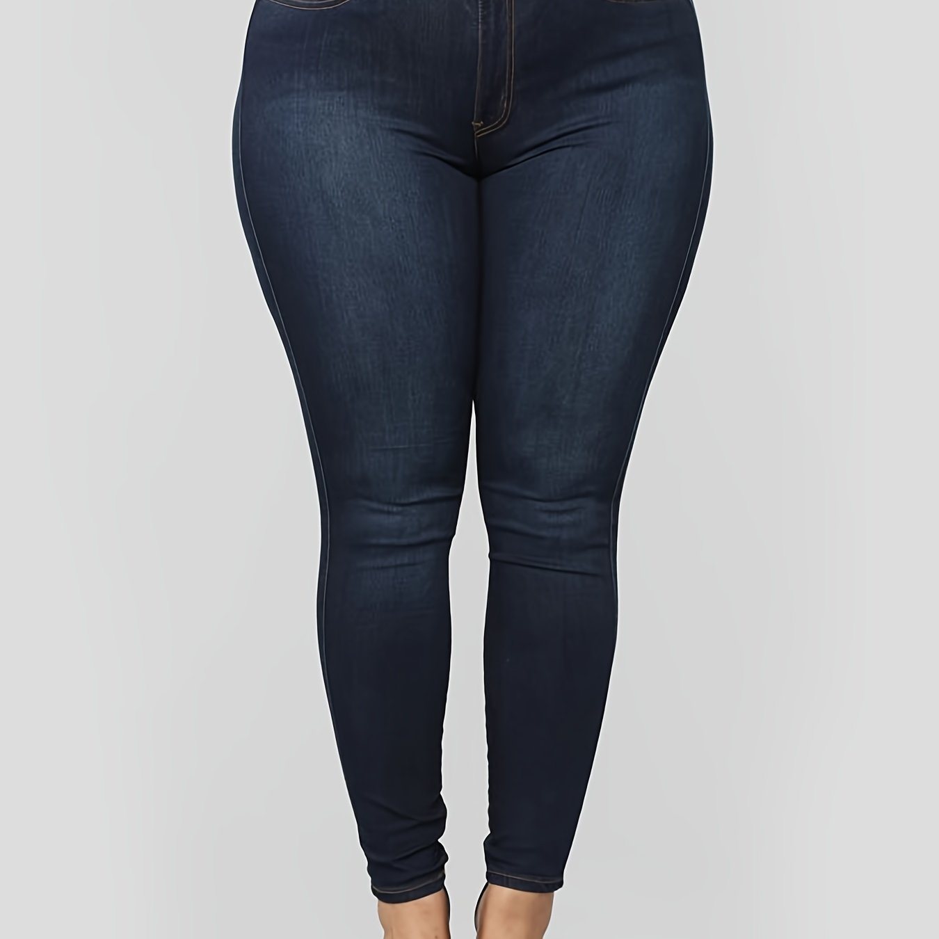 Plus Size High Rise Button Fly Skinny Jeans; Women's Plus Slight Stretch Casual Denim Skinny Pants