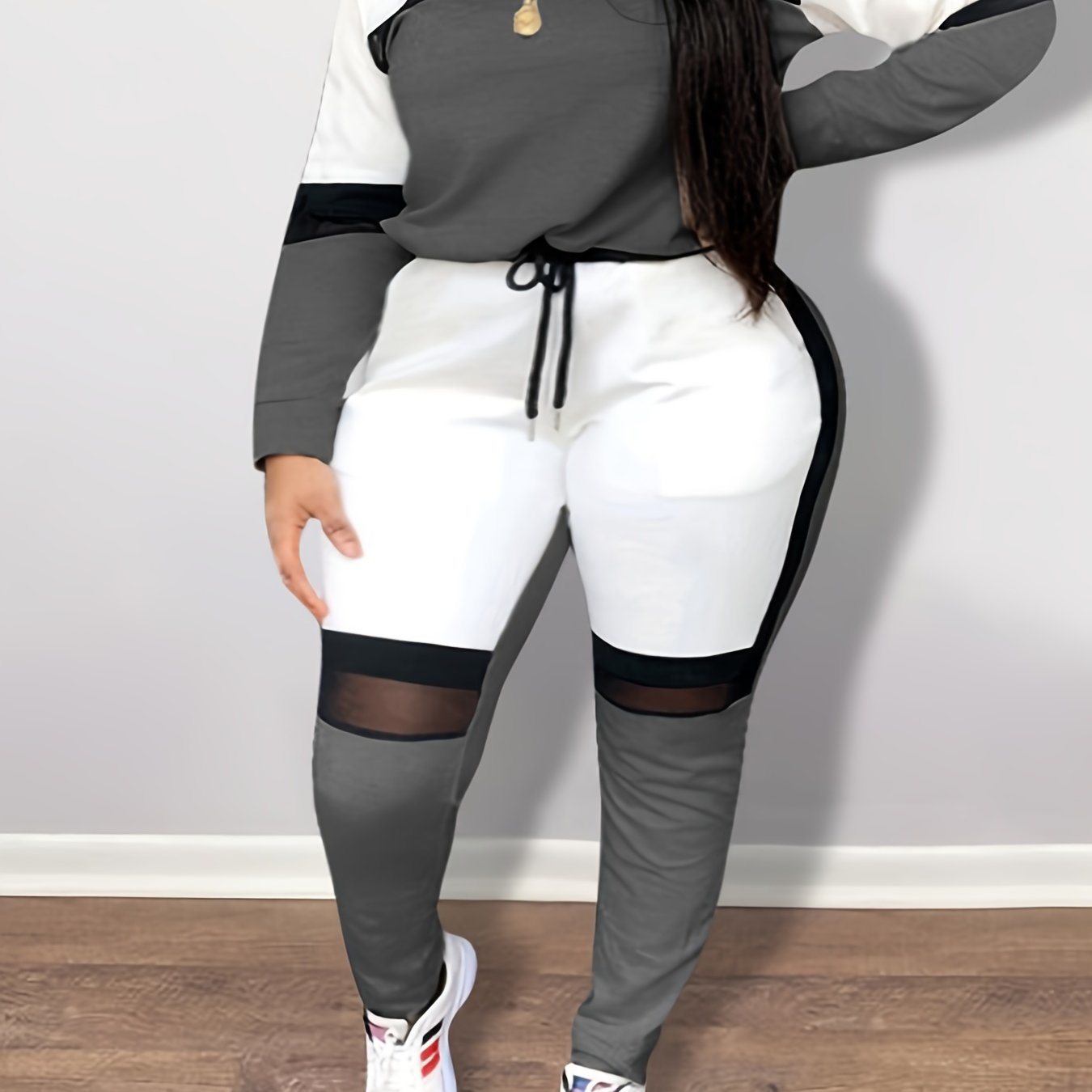 Plus Size Colorblock Contrast Mesh Long Sleeve Sweatshirt & Sweatpants Set; Women's Plus Fashion Casual 2pcs Set Outfit