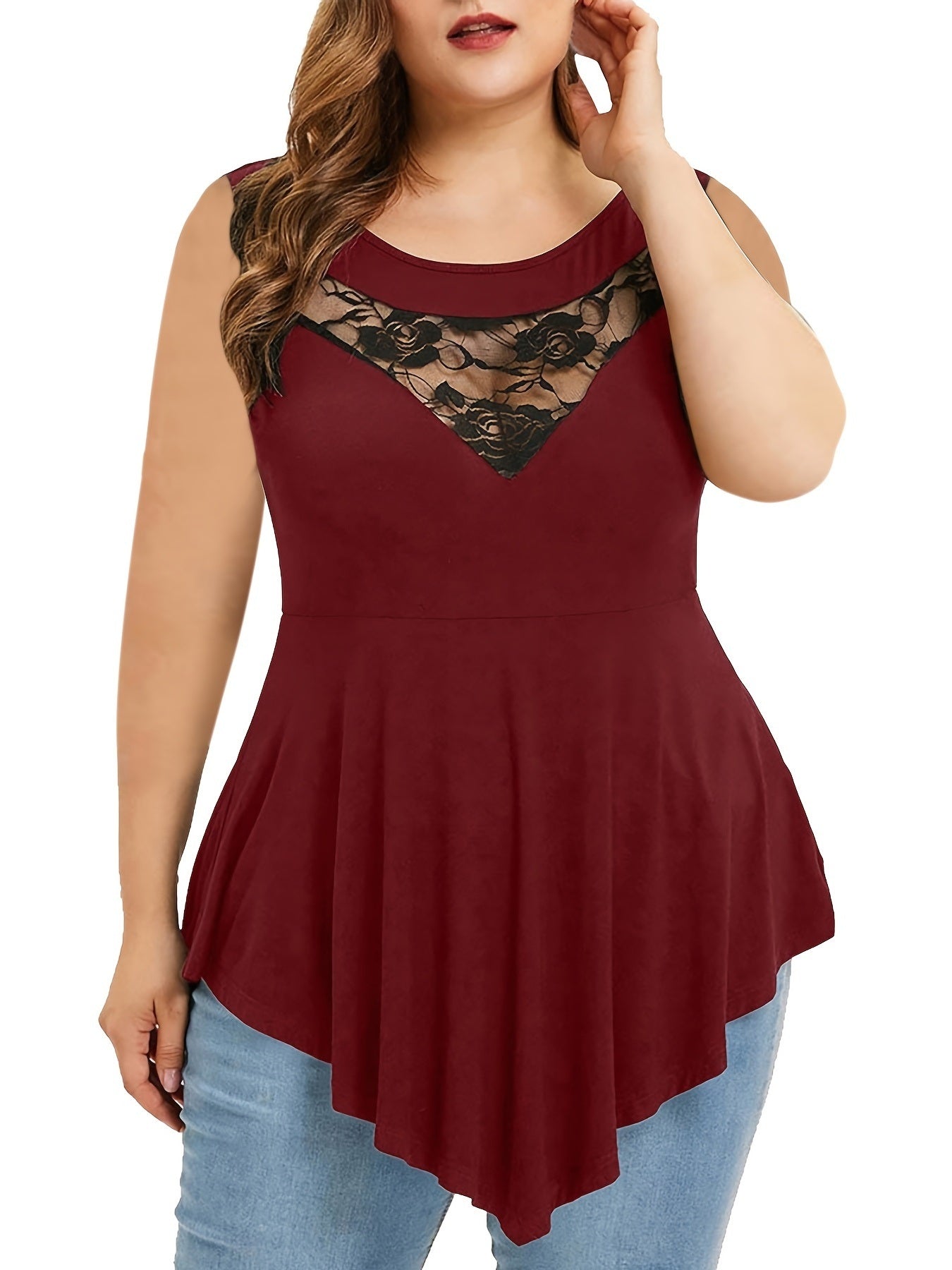 Plus Size Contrast Lace Irregular Hem Tank Top; Women's Plus Elegant Medium Stretch Semi Sheer Top