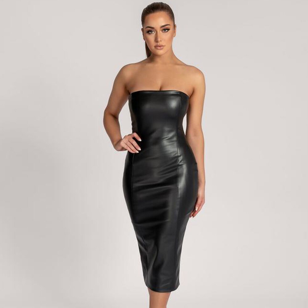 Dresses For Women Brown Faux Leather PU Clothes Sexy Strapless Long Pencil Dress Party Outfits Nightclub Robe