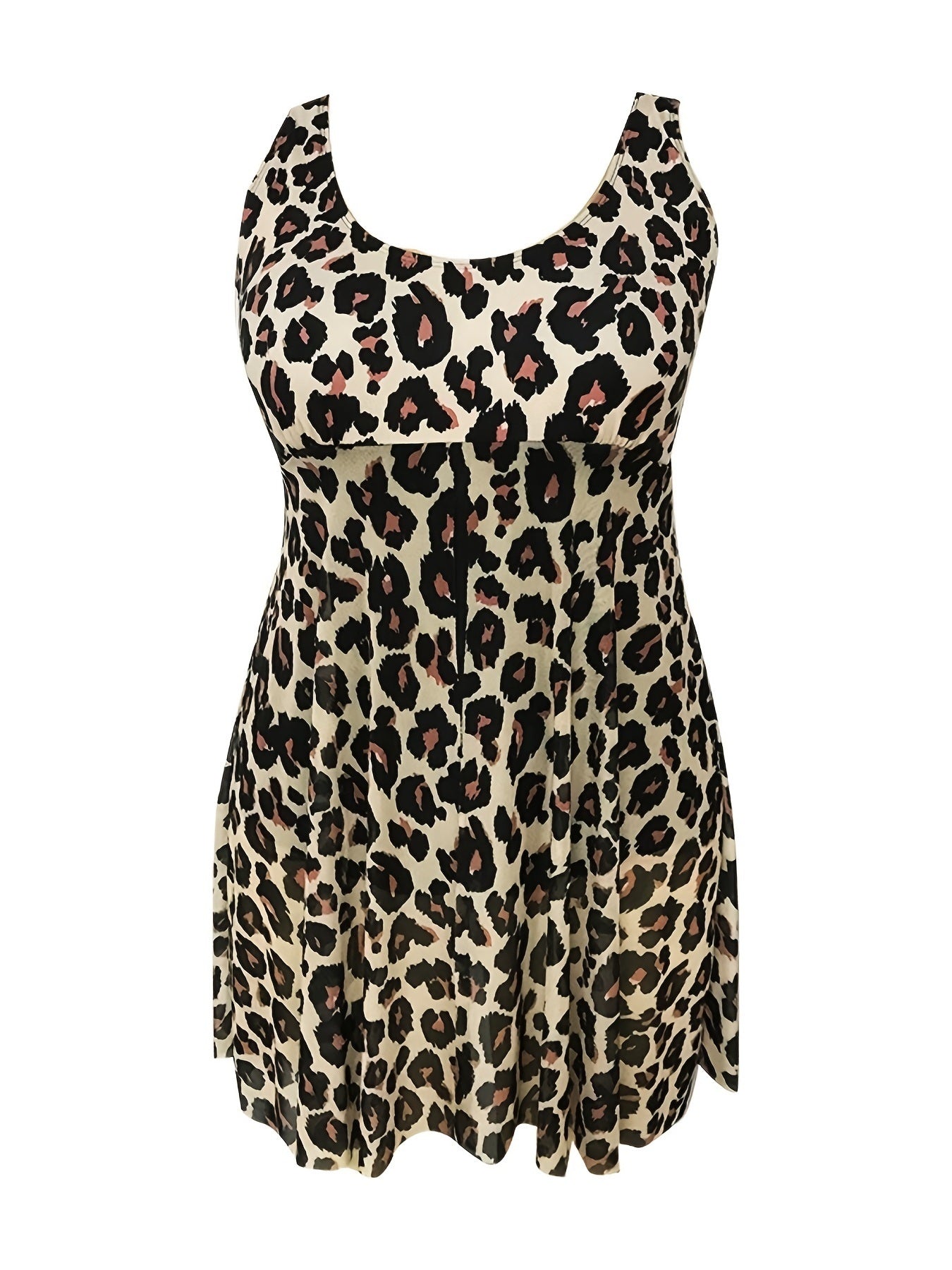 Plus Size Leopard Print Layered One Piece Swimsuit; Women's Plus High Stretch Round Neck Swimsuit