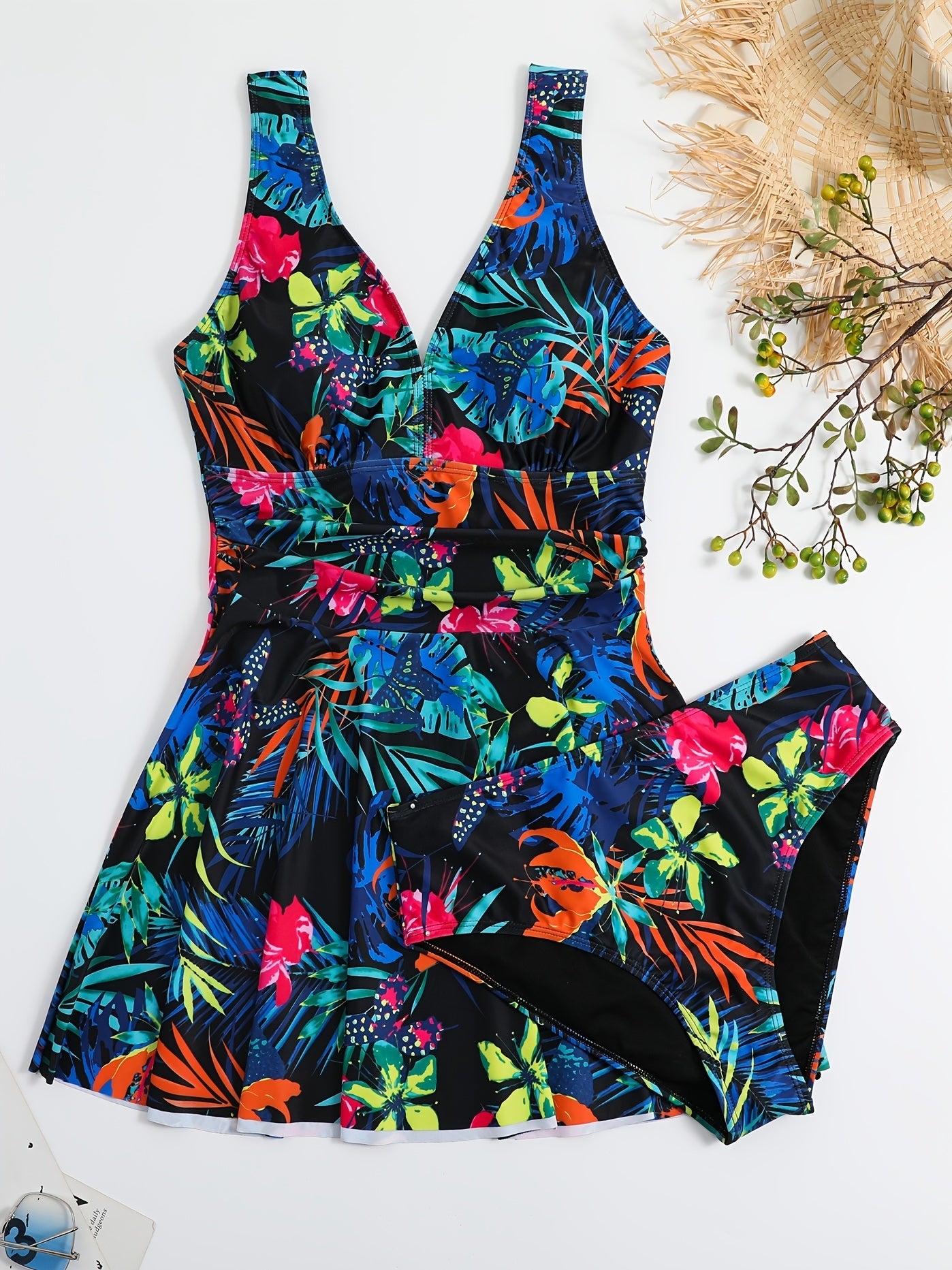 Plus Size Tropical Print Tank Top & Panties Swimsuit Set; Women's Plus High Stretch 2pcs Swimsuit Set