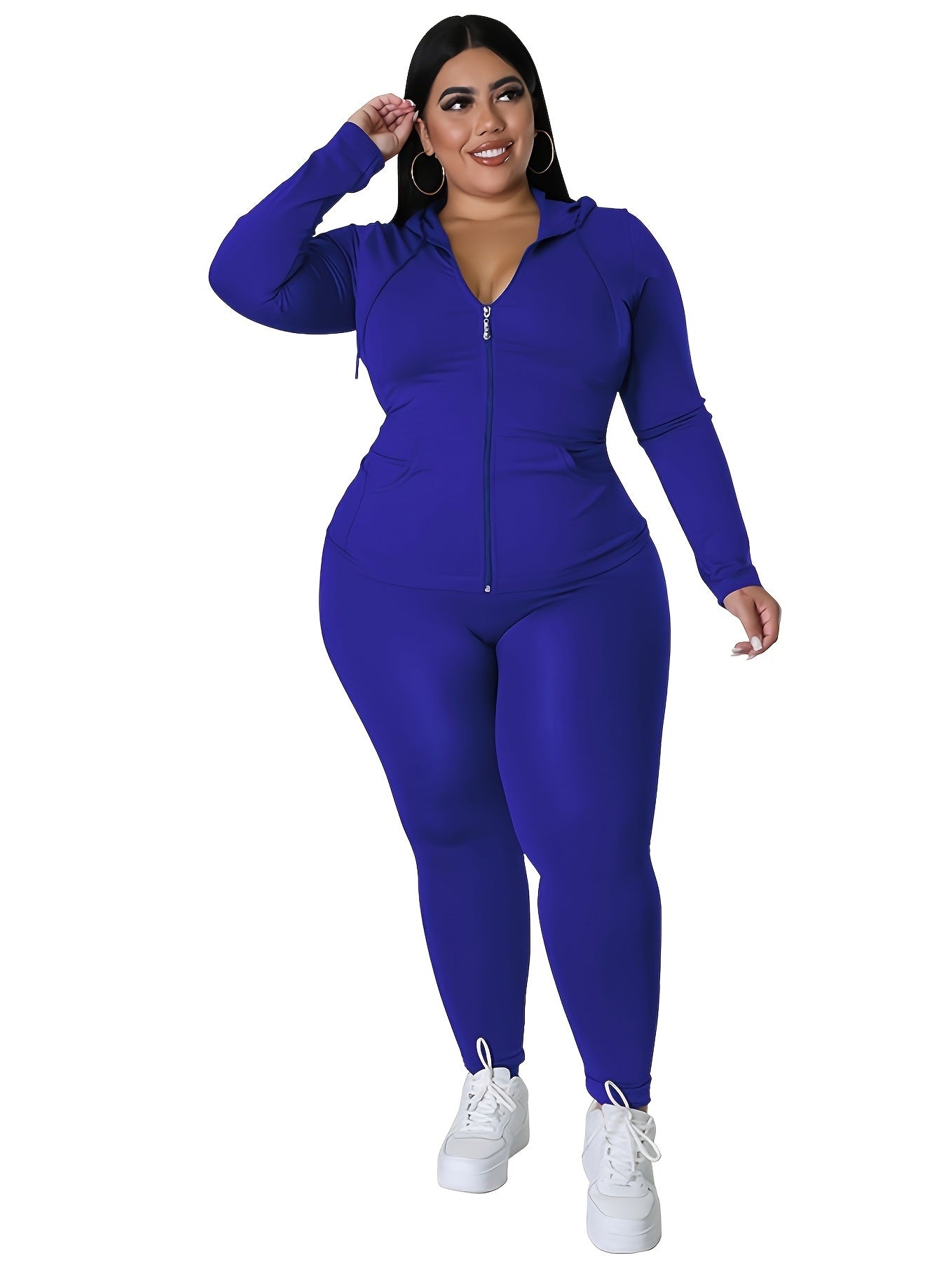 Plus Size Solid Zip Up Hoodie Sweatshirt & Pants Set; Women's Plus High Stretch Workout 2pcs Set