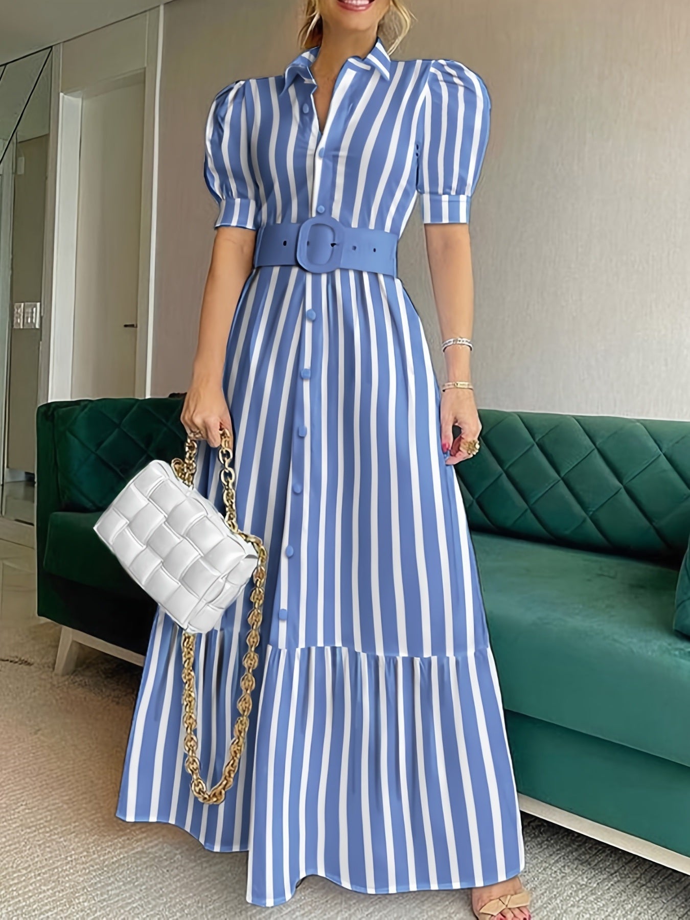 Elegant Striped Lace Up Long Dress; Short Sleeve V-neck Swing Belt Summer Long Dresses; Women's Clothing