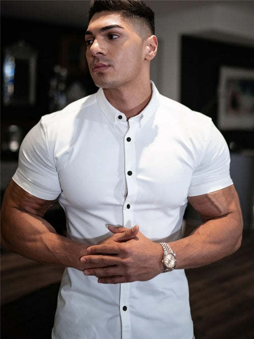 Men Fashion Casual Short Sleeve Solid Shirt Super Slim Fit Male Social