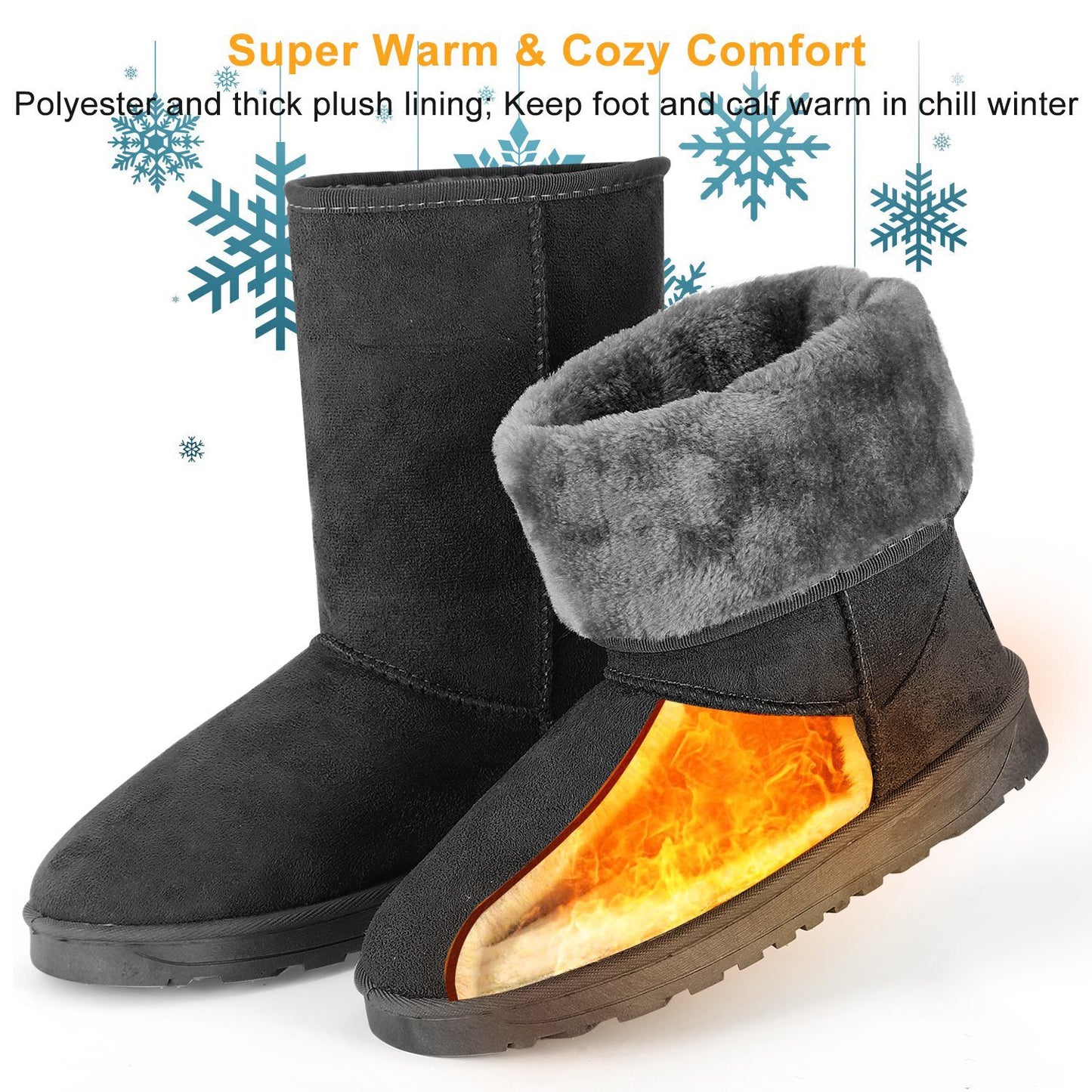 Women Ladies Snow Boots Waterproof Faux Suede Mid-Calf Boots Fur Warm Lining Shoes