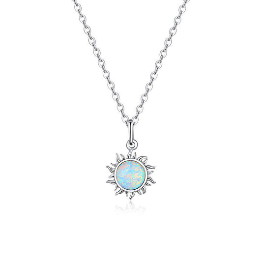 925 Sterling Silver White Opal Sun Pendant Necklace Apollo Chain Necklaces for Women Birthday Gift Jewelry 17.71''