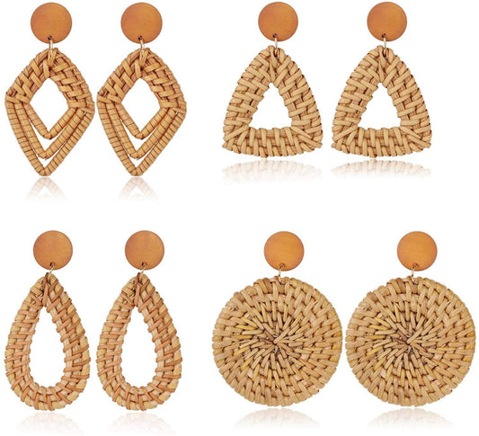 4 Pairs Rattan Dangle Earrings for Women Lightweight Bohemia Straw Wicker Braid Nature Brown Woven Geometric Statement Earring Set Handmade Jewelry