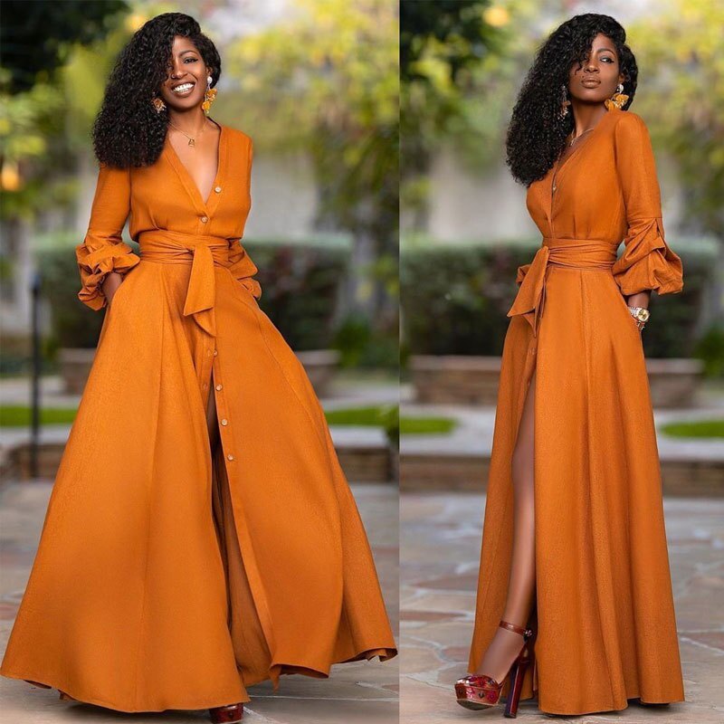 Elegant Split Maxi Dresses Women Autumn Deep V Neck Long Sleeve Party Dress Ladies Sexy Slim Plus Size African Clothes