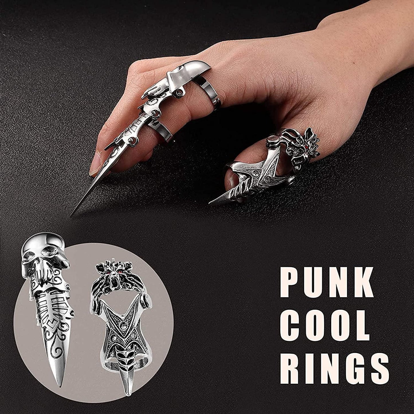 Vintage Punk Rings for Men Women Cool Adjustable Rings Set Snake Tiger Dragon Skull Rings Gothic Jewelry