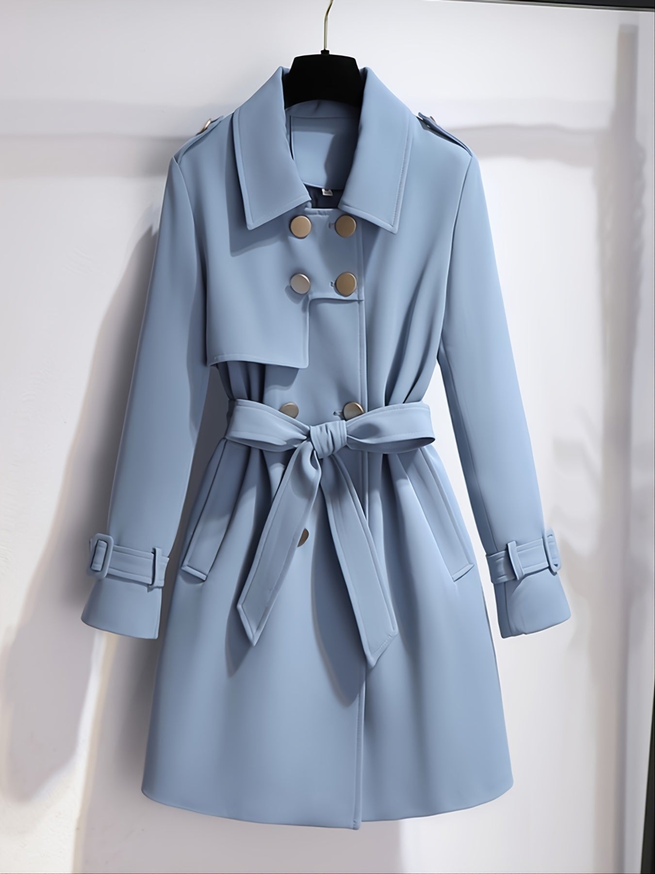 Plus Size Solid Button Up Long Sleeve Coat With Belt; Women's Plus Lapel Collar Elegant Long Coat