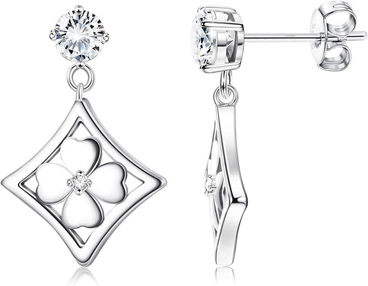 925 Sterling Silver Cubic Zirconia Clover Dangle Earrings Good Luck Rhombus Four Leaf Drop Earrings Jewelry for Women