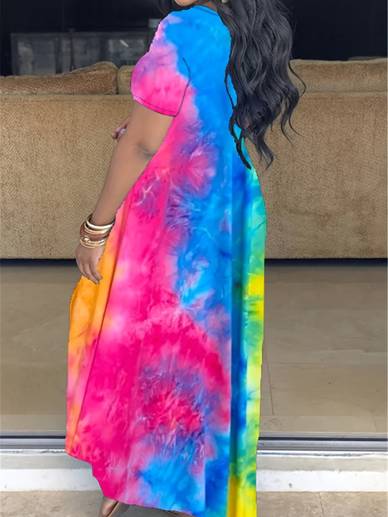 Plus Size Maxi Dress With Pocket; Women's Plus Tie Dye Print Short Sleeve Elegant Medium Stretch Long Dress