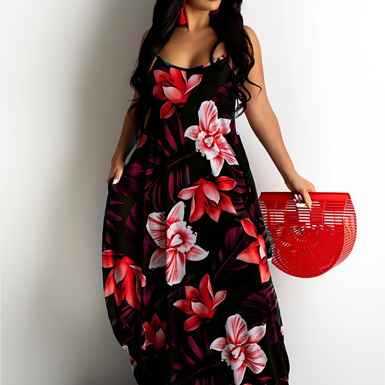 Plus Size Boho Dress; Women's Plus Floral Print V Neck High Stretch Cami Maxi Dress With Pockets