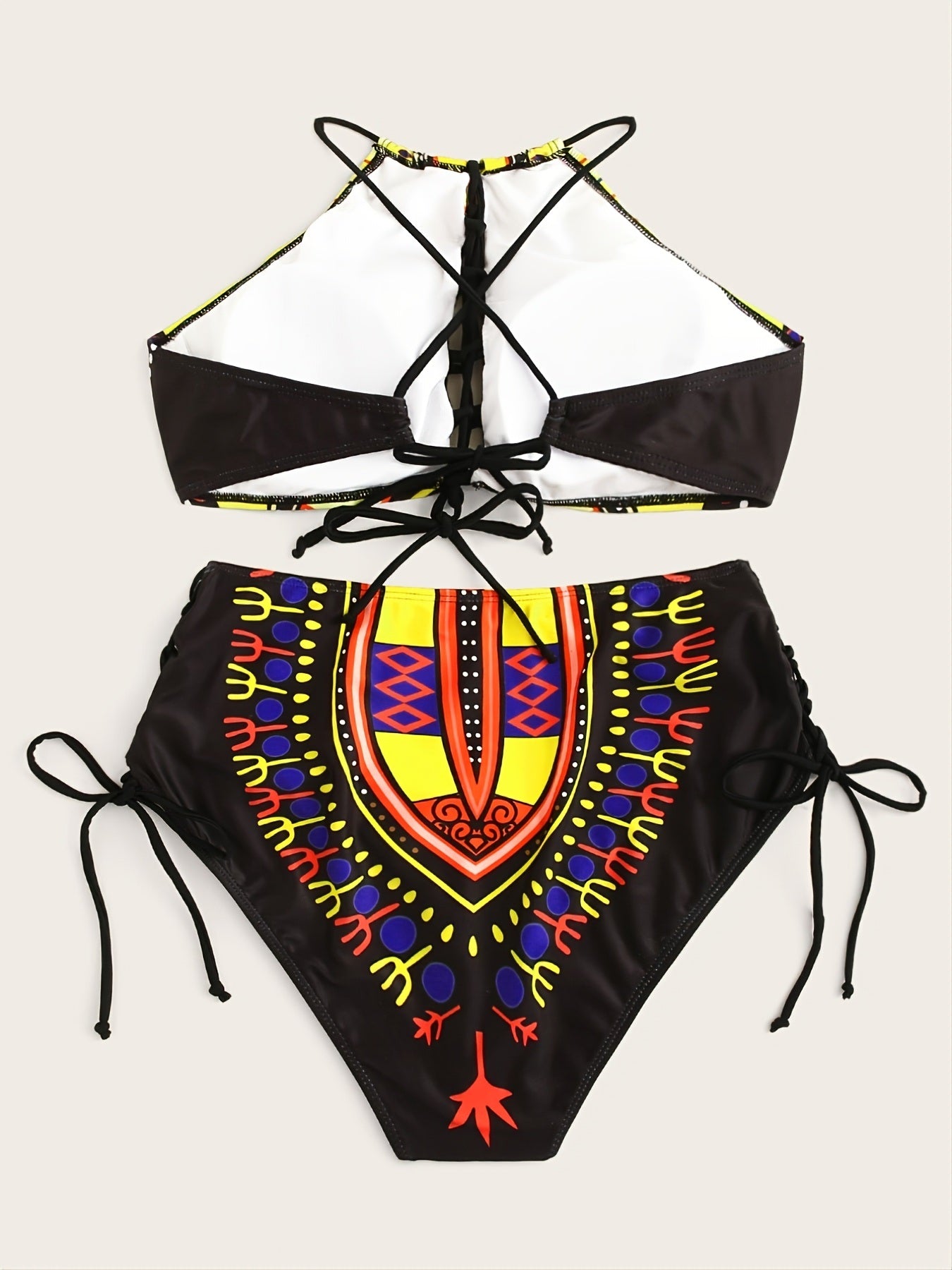 Plus Size Ethnic Print Push Up Bikini Set; Women's Plus High Stretch Swimsuit Set