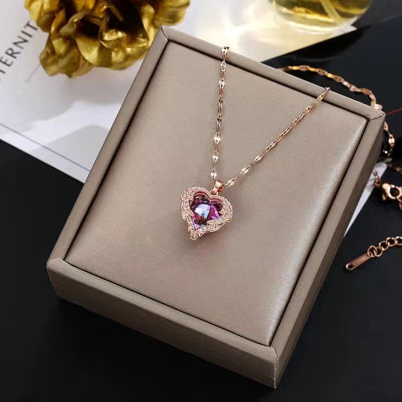 Luxury Colorful Crystal Ocean Heart Pendant Necklace For Women Korean Fashion Stainless Steel Neck Chain Female Wedding Jewelry