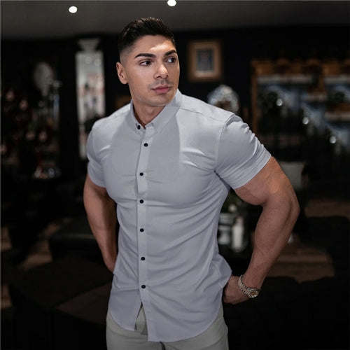 Men Fashion Casual Short Sleeve Solid Shirt Super Slim Fit Male Social