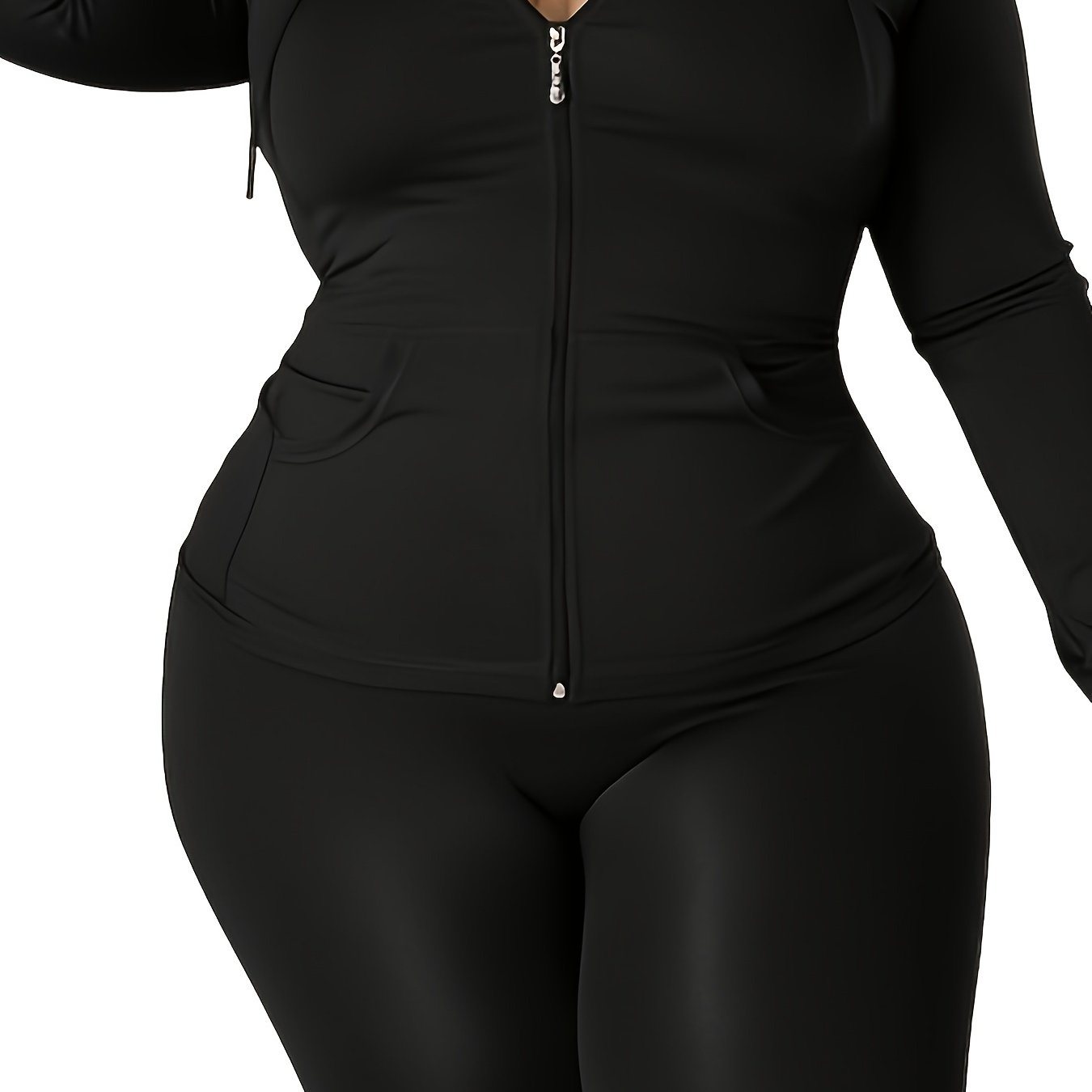 Plus Size Solid Zip Up Hoodie Sweatshirt & Pants Set; Women's Plus High Stretch Workout 2pcs Set