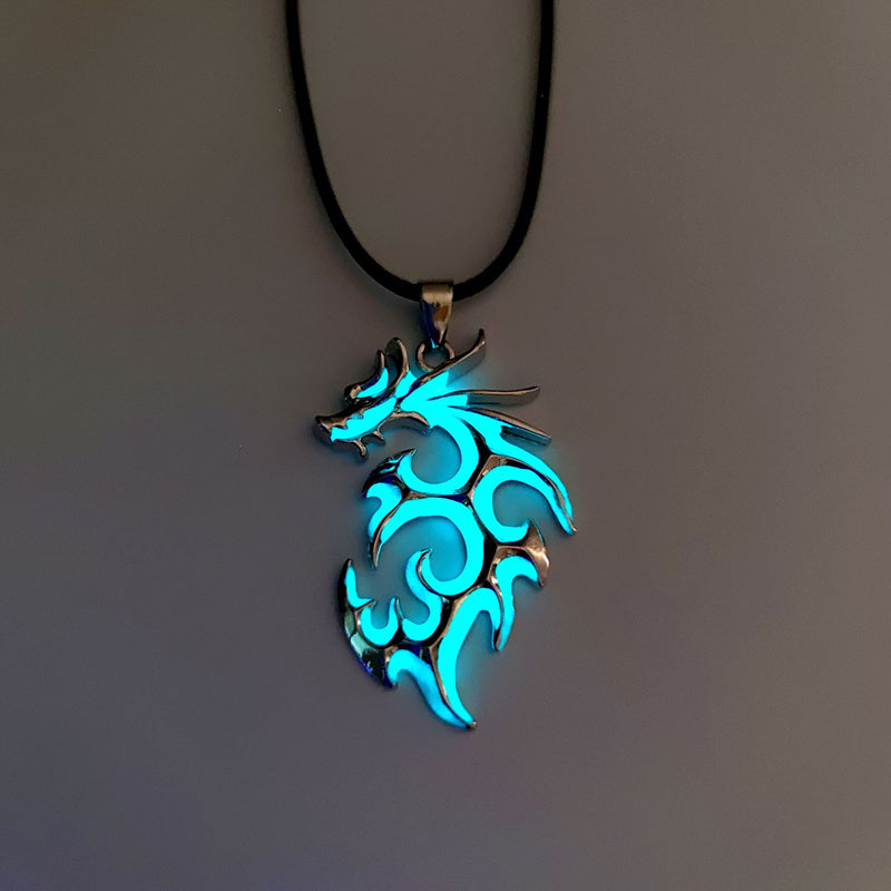 Vintage Punk Luminous Glowing In The Dark Moonstone Dragon Pendant Necklace Charm Men Boy Beach Party Jewelry Gift Wholesale