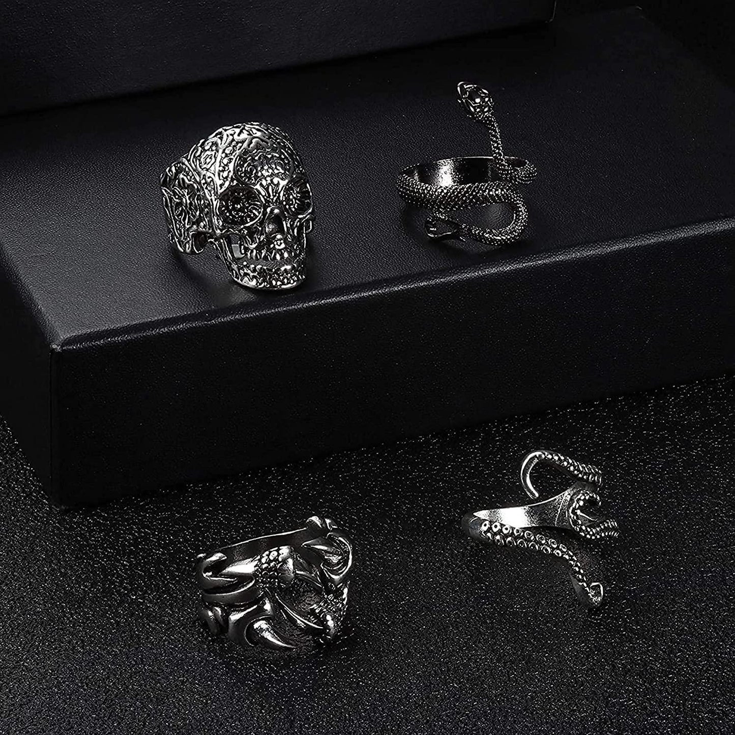 Vintage Punk Rings for Men Women Cool Adjustable Rings Set Snake Tiger Dragon Skull Rings Gothic Jewelry