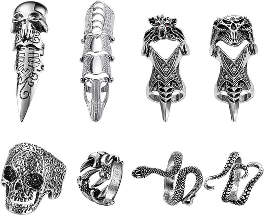 Vintage Punk Rings for Men Women Cool Adjustable Rings Set Snake Tiger Dragon Skull Rings Gothic Jewelry