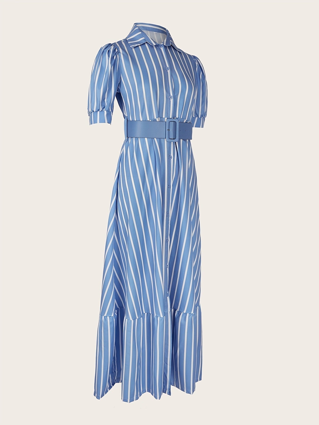 Elegant Striped Lace Up Long Dress; Short Sleeve V-neck Swing Belt Summer Long Dresses; Women's Clothing