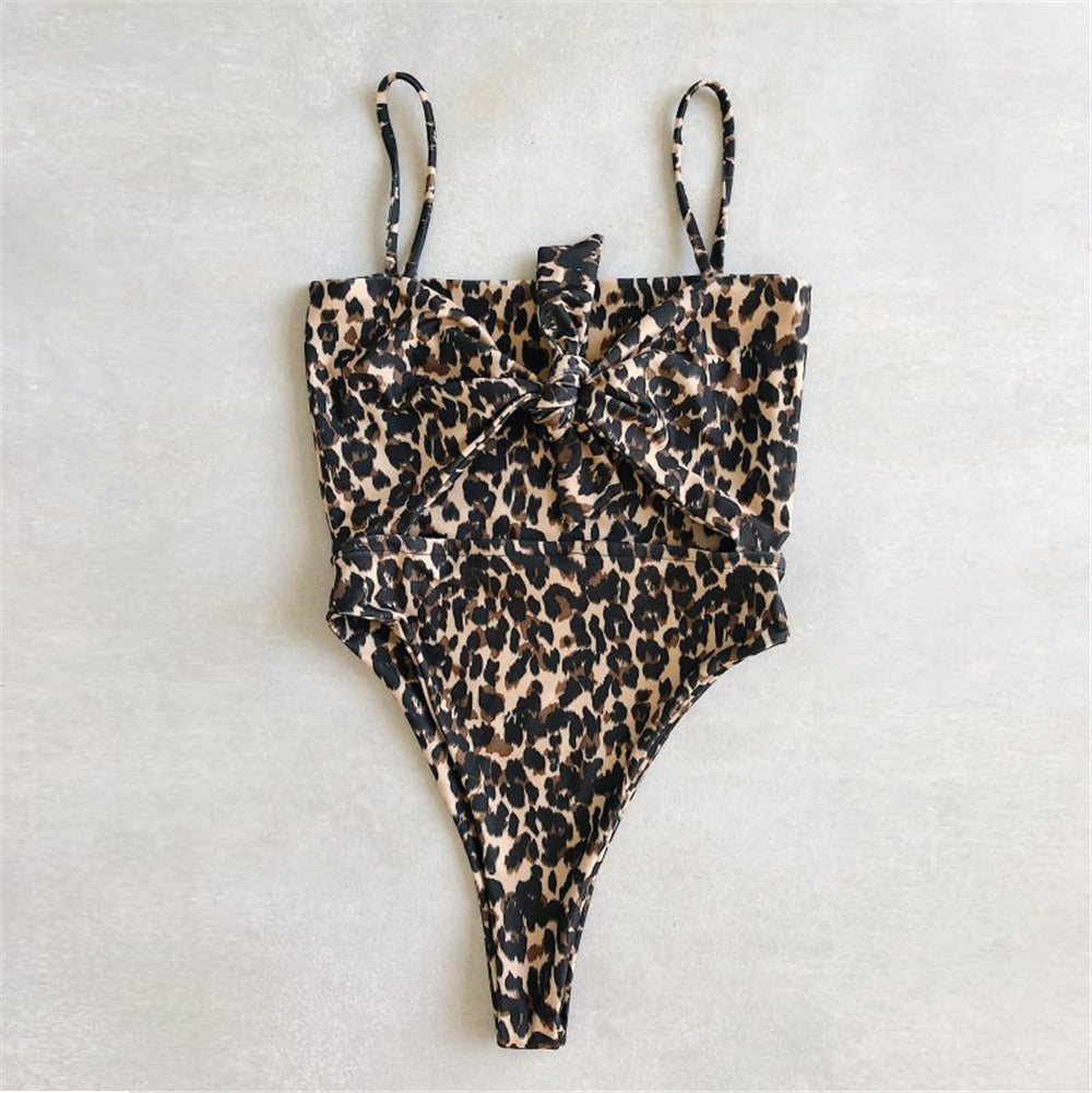 Europe and the United States new swimwear leopard print chest knotted hollow straps one-piece swimsuit