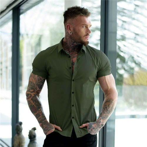 Men Fashion Casual Short Sleeve Solid Shirt Super Slim Fit Male Social