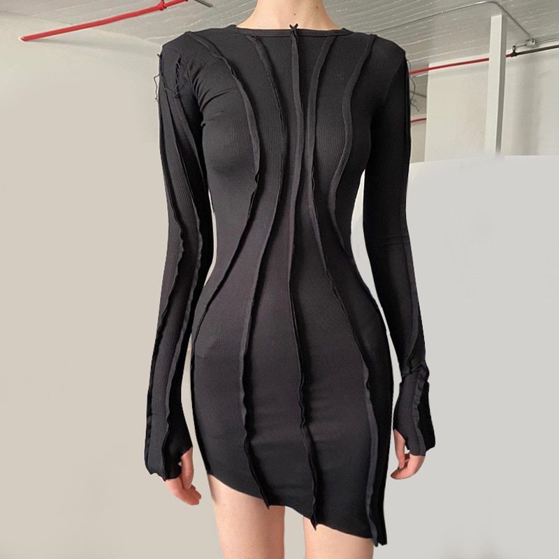 Asymmetric Black Bodycon Dresses For Women Clothes 2022 Fashion Sexy Ribbed Knitted Long Sleeve Mini Dress C95-CB31