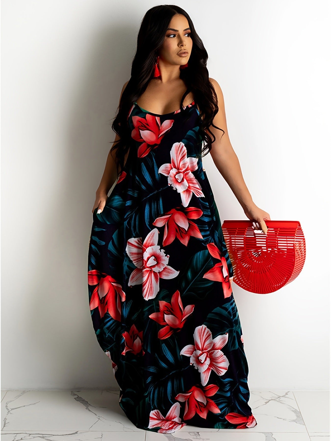 Plus Size Boho Dress; Women's Plus Floral Print V Neck High Stretch Cami Maxi Dress With Pockets