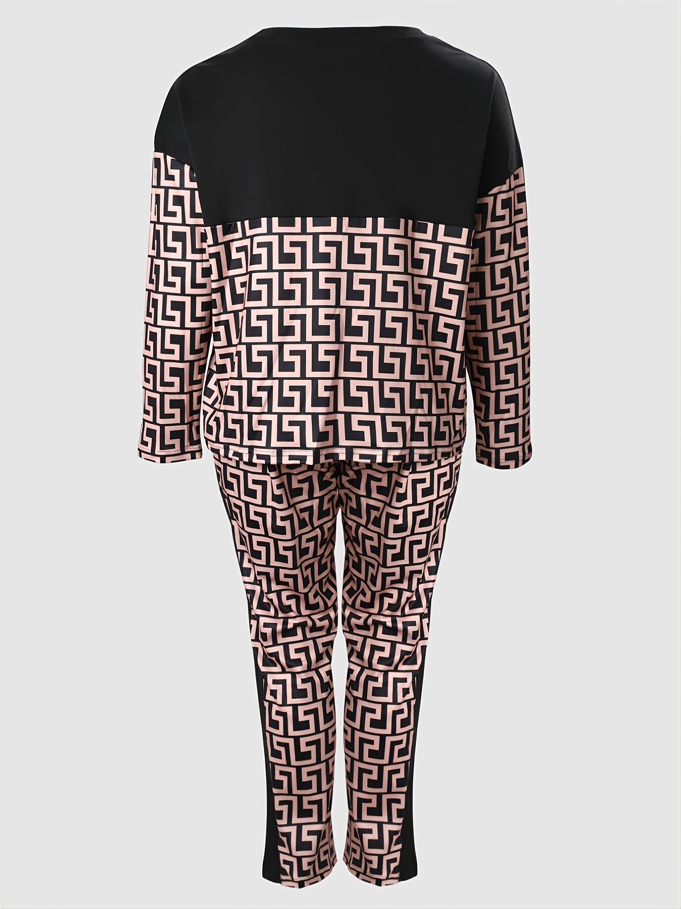 Plus Size Contrast Geometric Print Tops & Pants Set; Women's Plus Casual Two Pieces Set Outfits