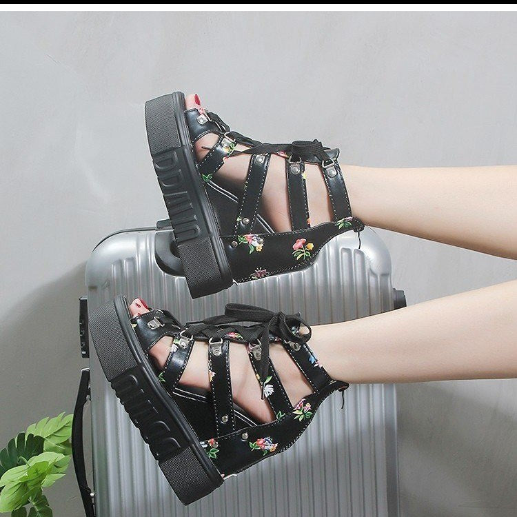 INS Hot Print Leisure Wedges Women's Shoes 2022 Summer Shoes Women Sandals Platform Shoelaces High Heels Casual Shoes Woman