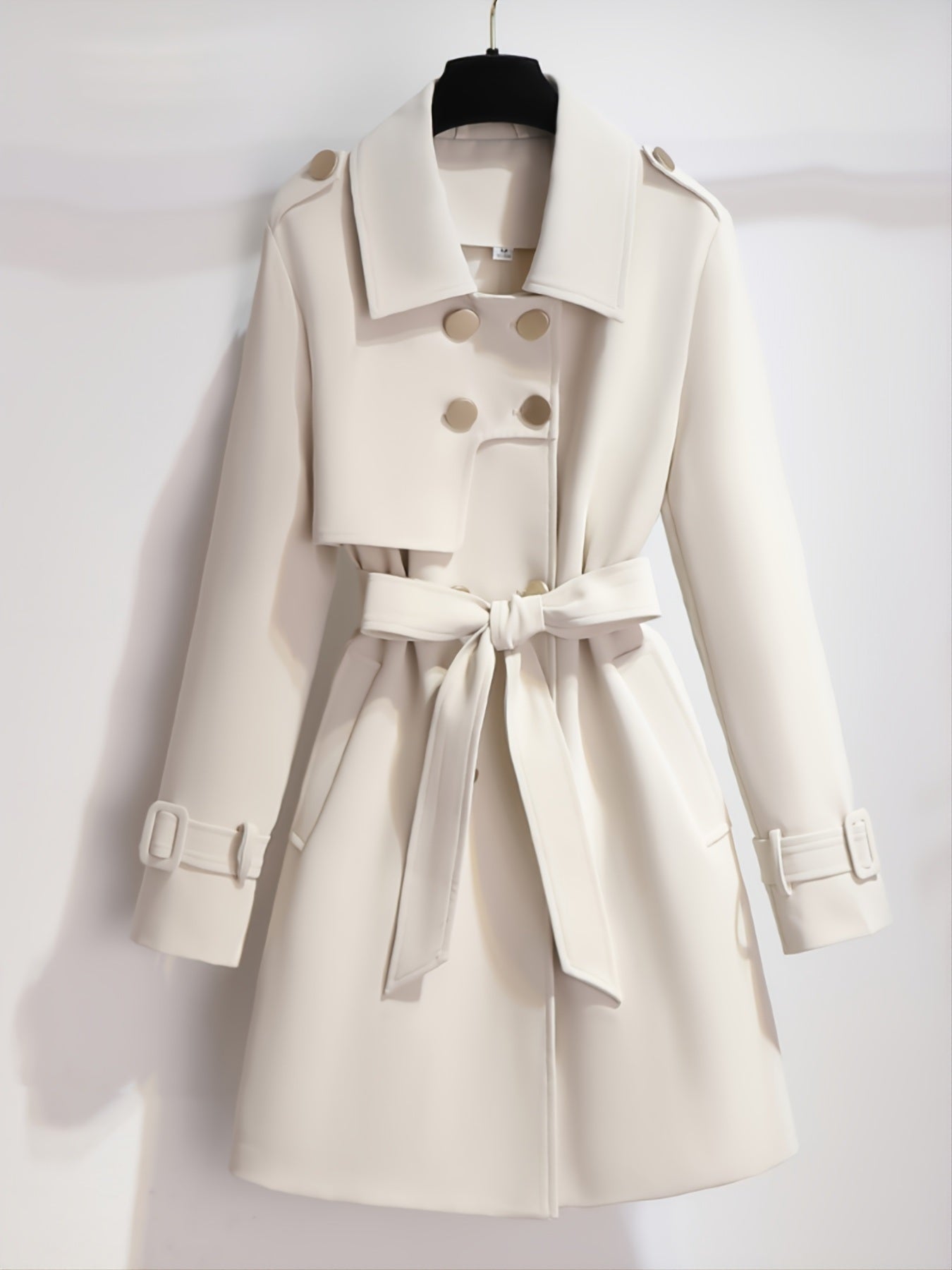 Plus Size Solid Button Up Long Sleeve Coat With Belt; Women's Plus Lapel Collar Elegant Long Coat