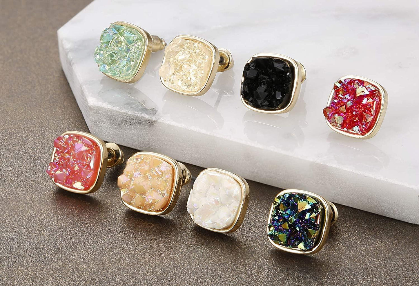 8 Pairs Resin Square Faux Druzy Stone Stud Earrings Set for Women Men Gold Plated Fashion Earrings Jewelry 10MM