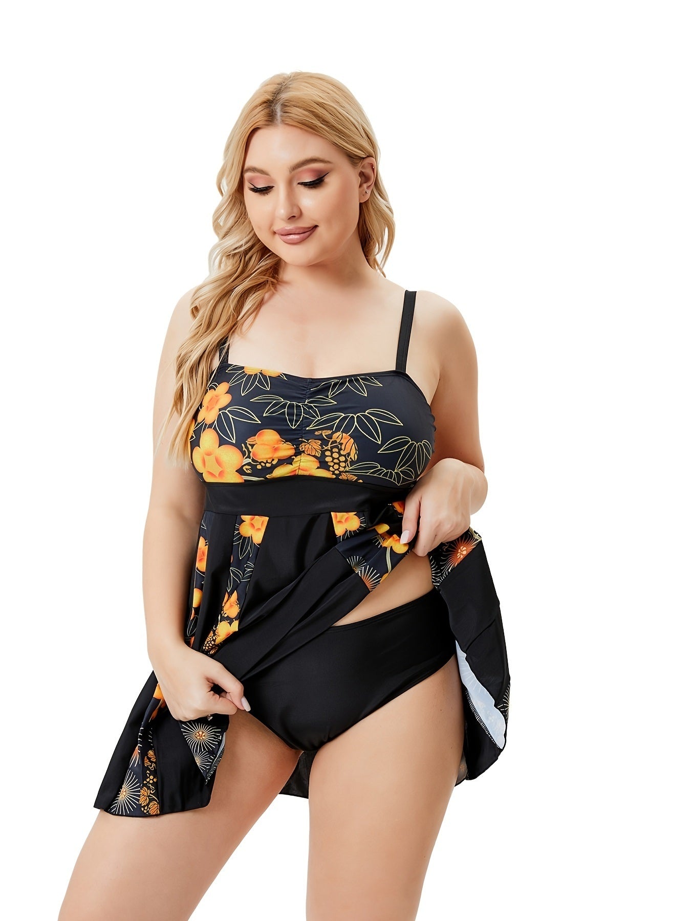 Plus Size Floral Print Bikini Set; Women's Plus Medium Stretch Vacation Boho Bathing Suit Set Beachwear