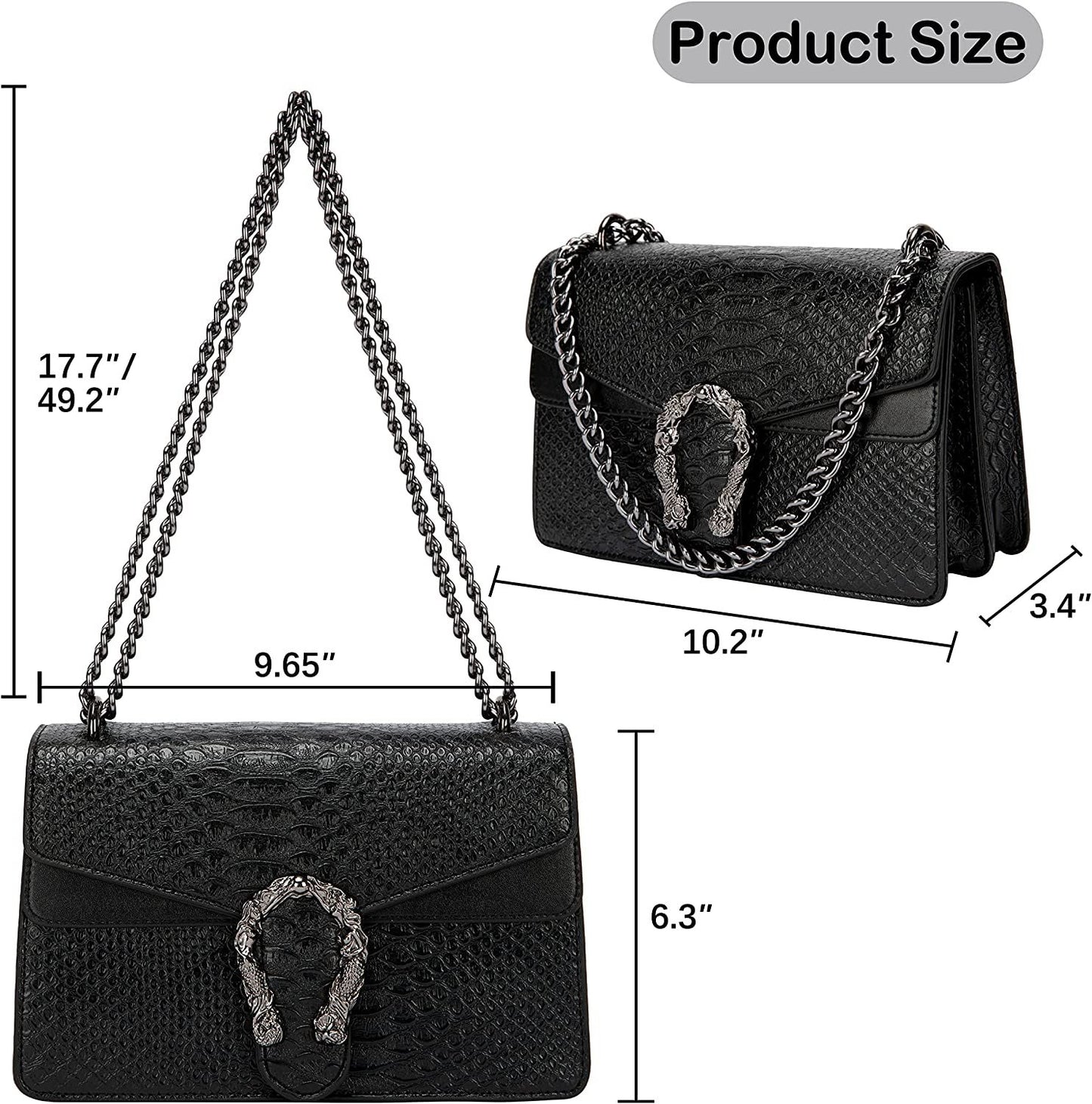 Crossbody Shoulder Square Purse For Women - Fashion Embossed Snake-Print Leather Handbag Metal Chain satchel Tote Bag