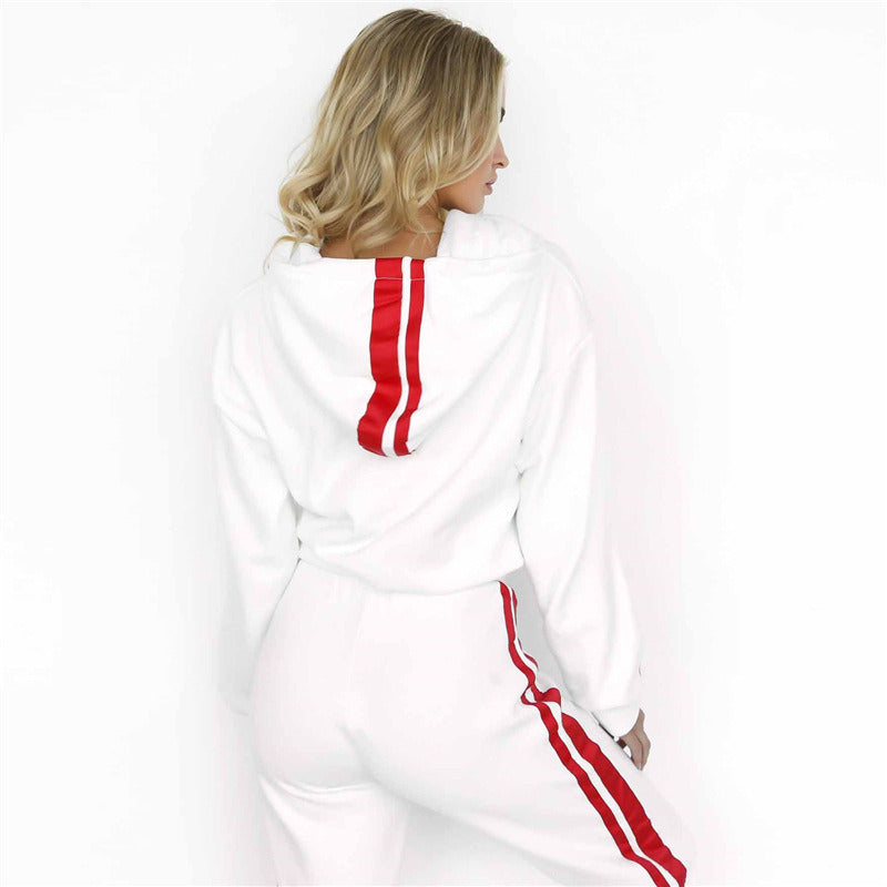 2 Piece Set Women Tracksuit Sportswear Casual White Red Sweat Pants Hooded Cropped Sweatshirt Hoodie