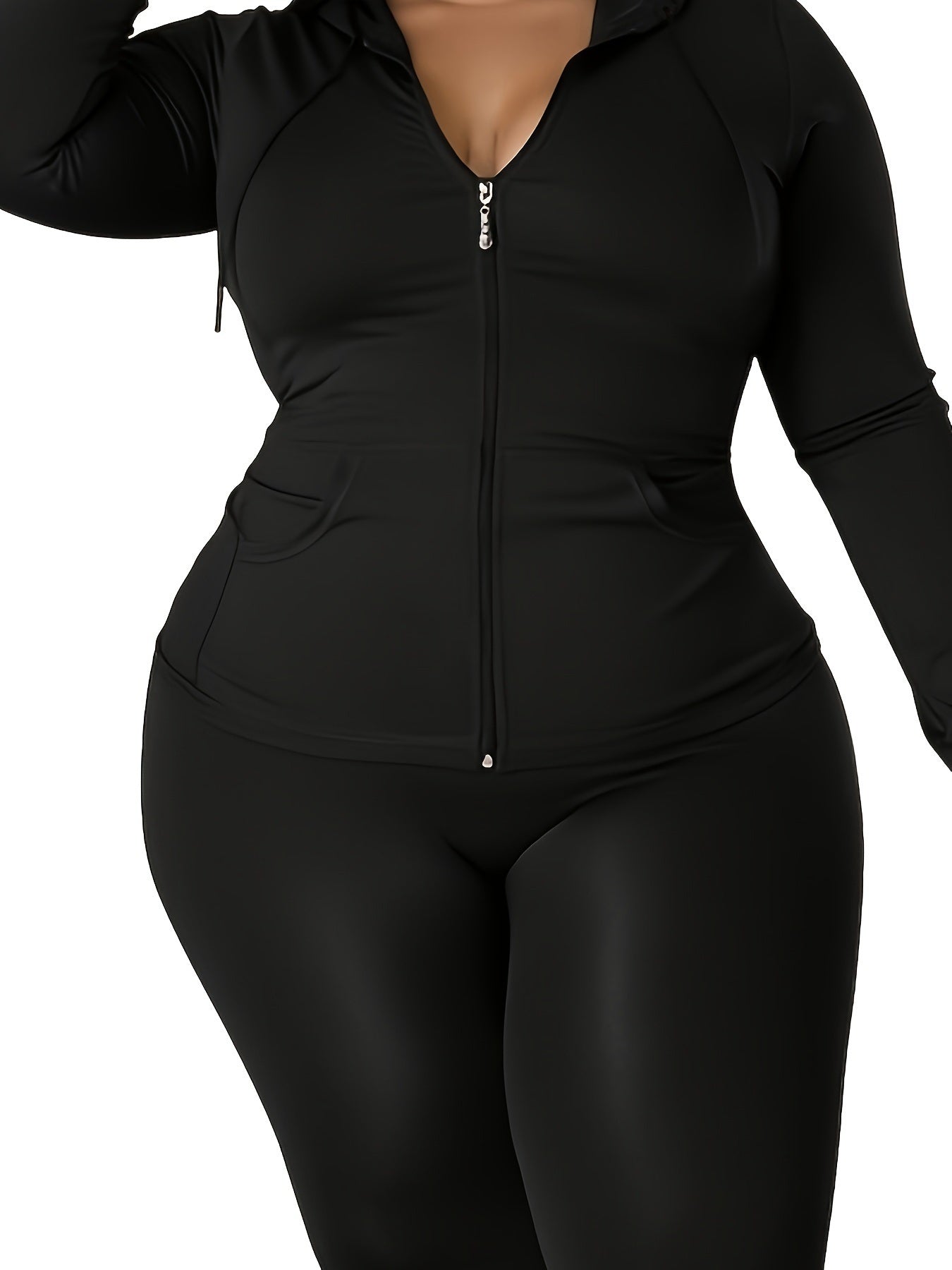 Plus Size Solid Zip Up Hoodie Sweatshirt & Pants Set; Women's Plus High Stretch Workout 2pcs Set