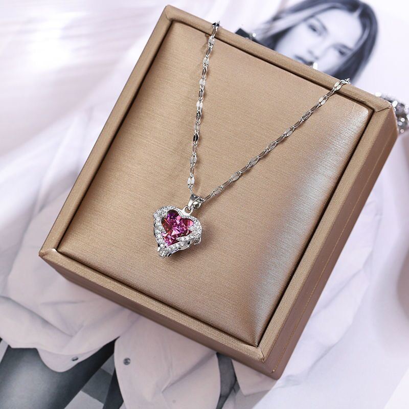 Luxury Colorful Crystal Ocean Heart Pendant Necklace For Women Korean Fashion Stainless Steel Neck Chain Female Wedding Jewelry