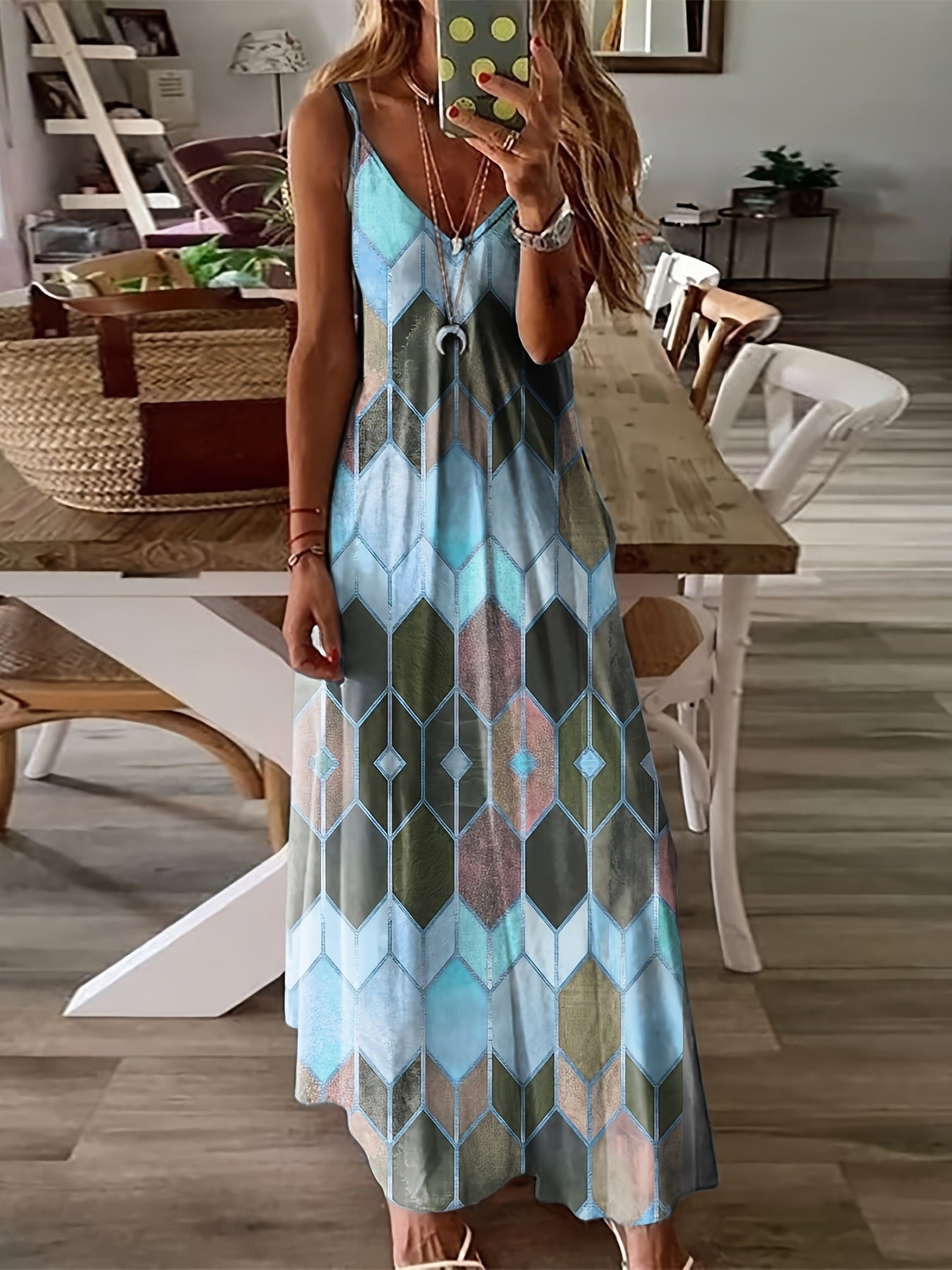 Plus Size Geometric Print Cami Maxi Dress; Women's Plus Spaghetti Strap V Neck Casual Long Dress