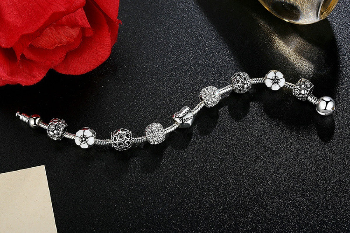 Love Beads Charms Bracelet Rose Flower Charms CZ Charms Bracelets with 9 Pieces Charm for Girls and Women