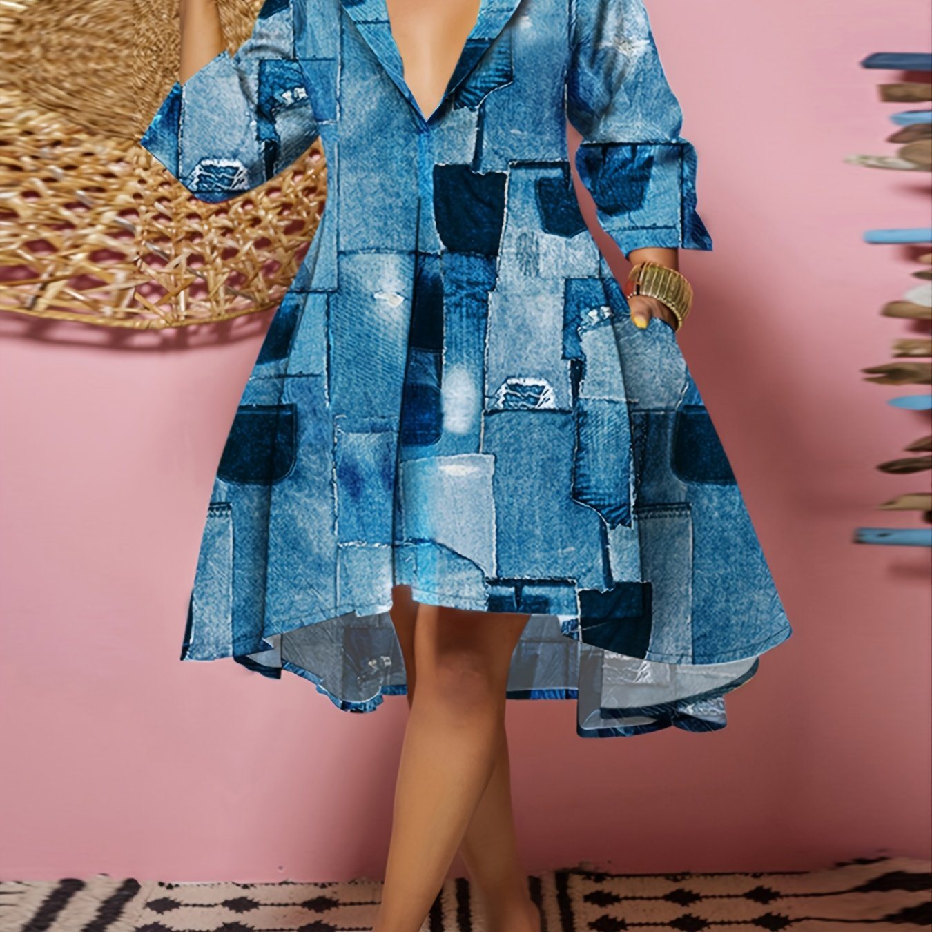 Plus Size Casual Dress; Women's Plus Denim Print Long Sleeve Lapel Collar Knee Length Dress